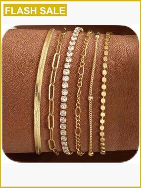 14K Gold Plated Bracelet Set, 6-Piece Stackable Tennis Figaro Paperclip